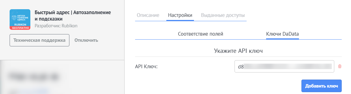 Настройки токена в виджете Автозаполнение адреса
