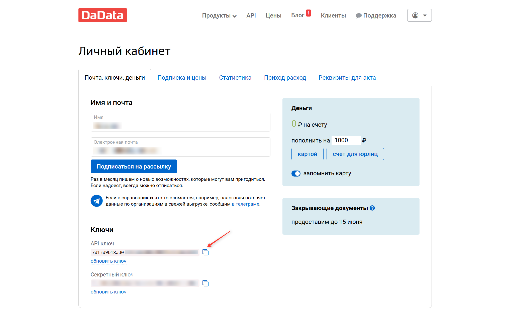 API-ключ в DaData Автозаполнение адреса